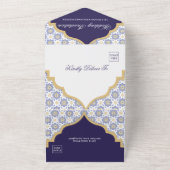 Invitation Tout En Un Indigo Moroccan Tile Wedding  (Dehors)