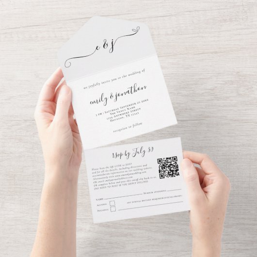 Invitation Tout En Un Initiales Code QR Écriture Élégante Toute Couleur (Déchirure)