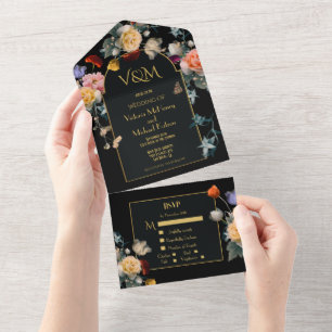 Invitation Tout En Un Initiales de Mariage Floral Dark & Moody