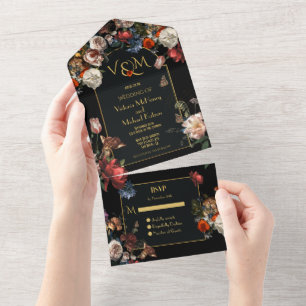 Invitation Tout En Un Initiales de mariage floral sombre et sombre de Re
