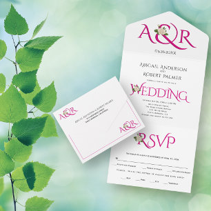 Invitation Tout En Un Initiales et ampersand rose magenta, mariage rose