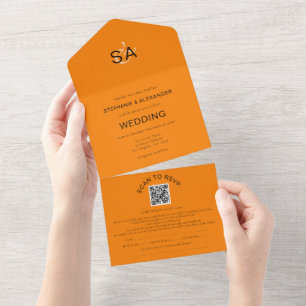 Invitation Tout En Un Initiales minimalistes QR Code Automne Orange Mari
