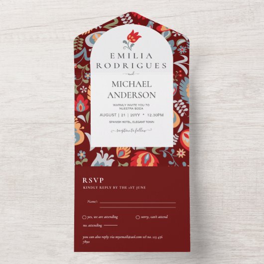 Invitation Tout En Un Invitación de Boda Español Inglés Rsvp FOLKART (À l'intérieur)