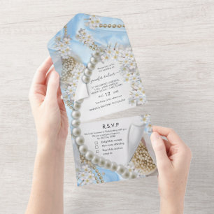 Invitation Tout En Un Invitation de mariage en soie bleue et perles