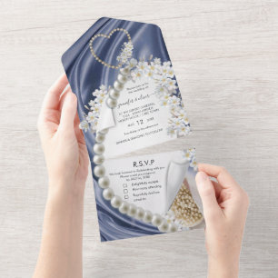 Invitation Tout En Un Invitation de mariage en soie bleue et perles