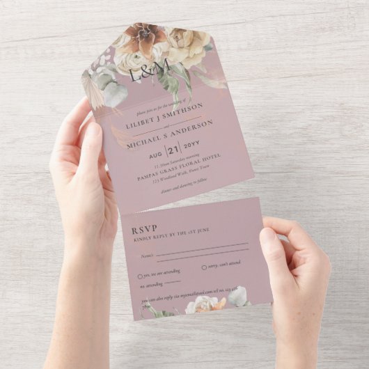 Invitation Tout En Un Invite de mariage avec RSVP | Herbe de Pampas BOHO (Déchirure)