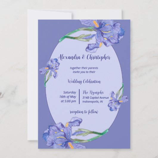 Invitation Tout en un, iris violet avec Mariage à cadre ovale (Devant)