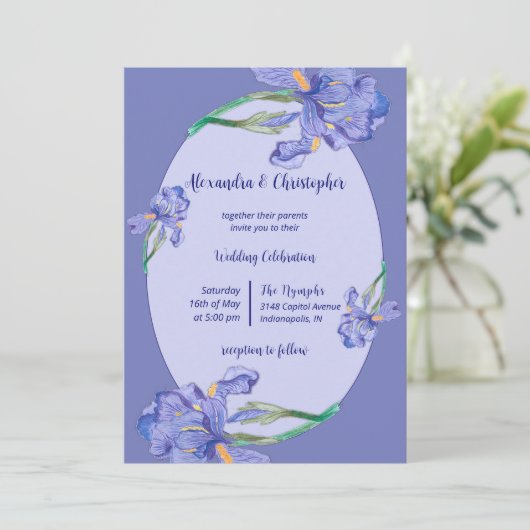Invitation Tout en un, iris violet avec Mariage à cadre ovale (Debout devant)