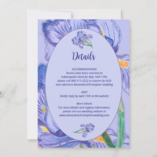 Invitation Tout en un, iris violet avec Mariage à cadre ovale (Dos)