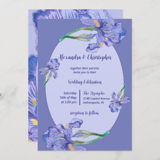 Invitation Tout en un, iris violet avec Mariage à cadre ovale (Devant / Derrière)