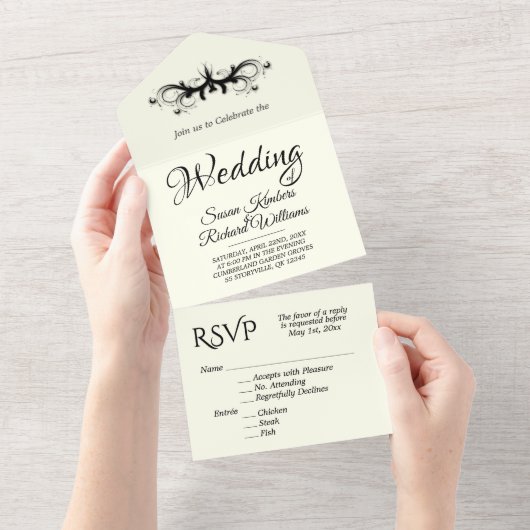 Invitation Tout En Un Ivoire et noir Tri Plier avec Mariage Rsvp (Déchirure)