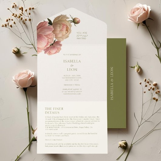 Invitation Tout En Un Ivoire et olive | Mariage Rose
