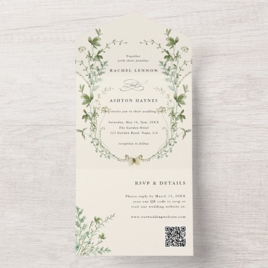 Invitation Tout En Un Ivory Elegant Fleur sauvage QR Code Mariage (À l'intérieur)
