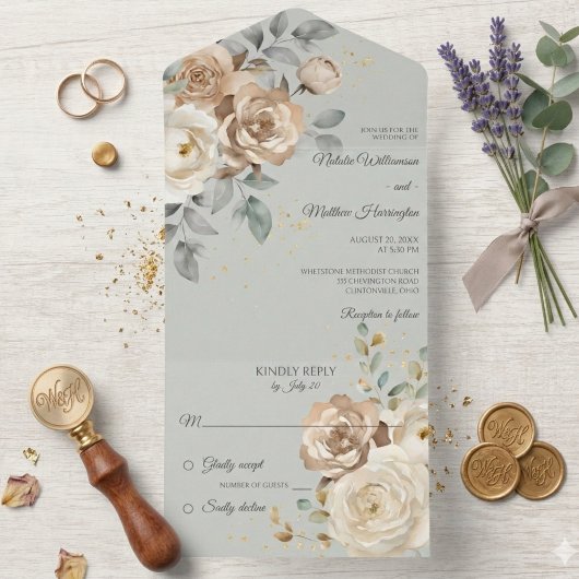 Invitation Tout En Un Ivory Floral on Sage Green Wedding