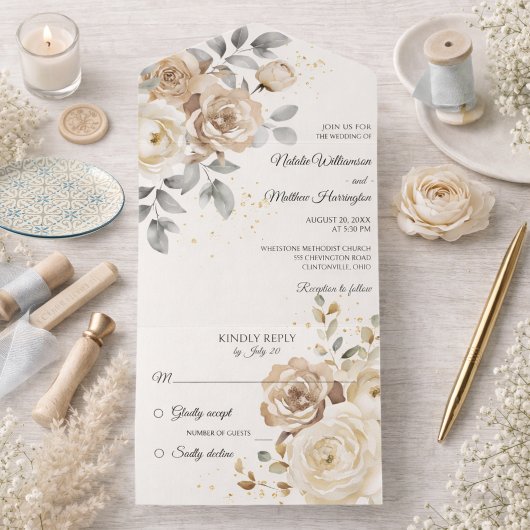 Invitation Tout En Un Ivory Floral Wedding