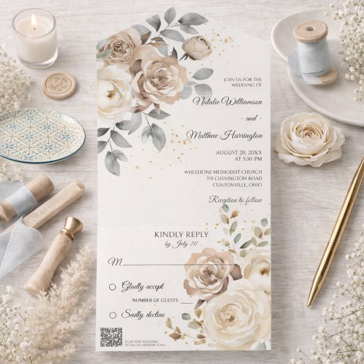 Invitation Tout En Un Ivory Floral Wedding with QR Code