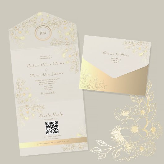 Invitation Tout En Un Ivory Gold Floral QR Code Wedding