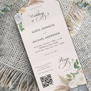 Invitation Tout En Un Ivory Herbe des Pampas Roses & Élégant Mariage à l