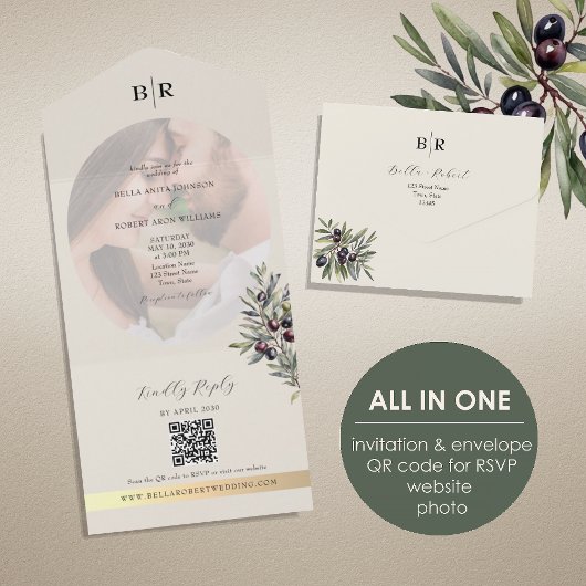 Invitation Tout En Un Ivory Olive Photo Monogram Wedding