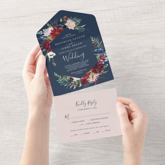 Invitation Tout En Un Jardin d'automne | Mariage bleu marine (Déchirure)
