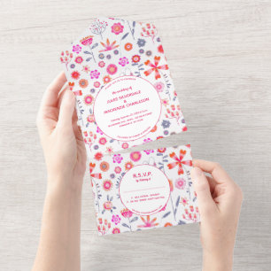 Invitation Tout En Un Jardin de fleurs roses modernes Boho pour mariage