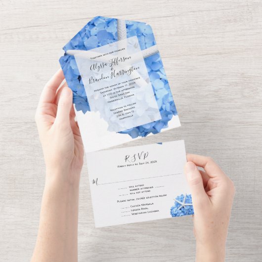 Invitation Tout En Un Jardin en bord de mer Blue Hydrangea Mariage (Déchirure)