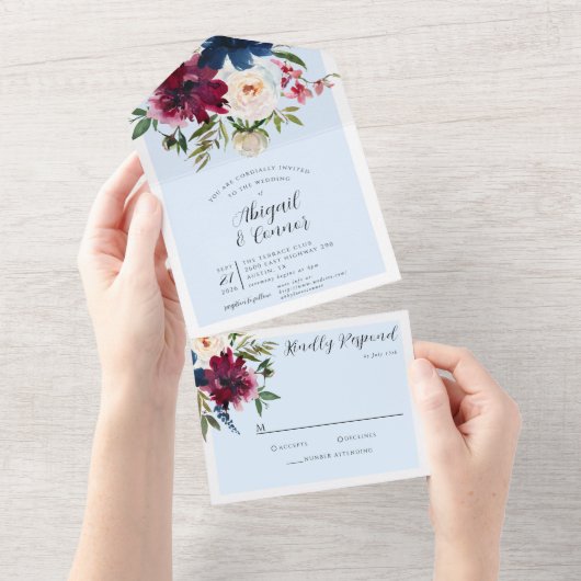 Invitation Tout En Un Jardin enchanté bleu clair Bourgogne Marine (Déchirure)