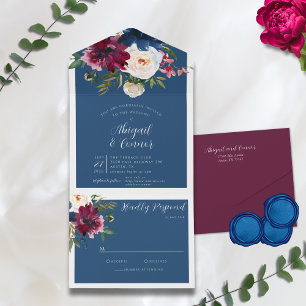 Invitation Tout En Un Jardin enchanté Dusty Blue Bourgogne Navy