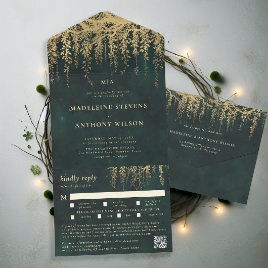 Invitation Tout En Un Jardin enchanté Emerald Gold Fairy Mariage