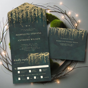 Invitation Tout En Un Jardin enchanté Emerald Gold Fairytale Mariage