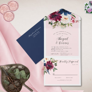 Invitation Tout En Un Jardin enchanté Rose Blush Burgundy Navy