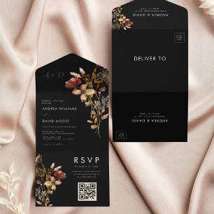 Invitation Tout En Un Jardin Fleur sauvage noir Mariage botanique d'auto