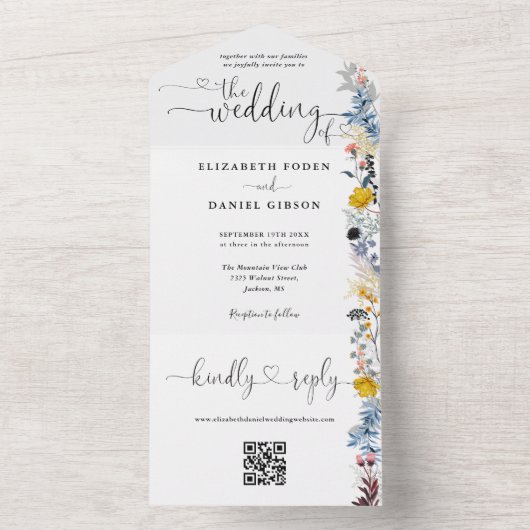 Invitation Tout En Un Jardin Floral Code QR Cœurs Script Mariage (À l'intérieur)