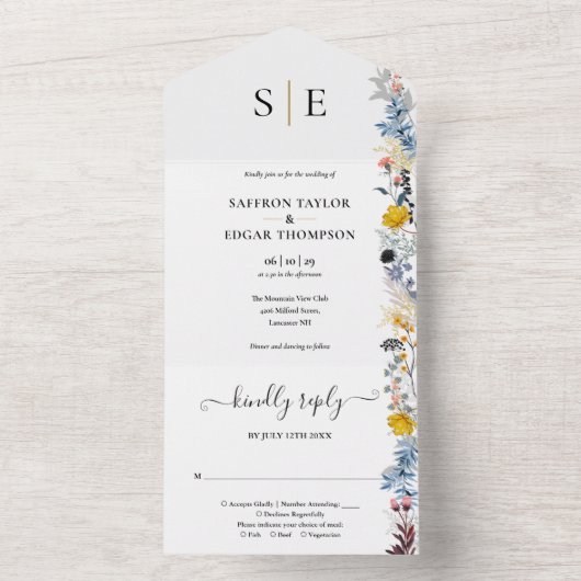 Invitation Tout En Un Jardin Floral Élégant Monogramme Mariage (À l'intérieur)