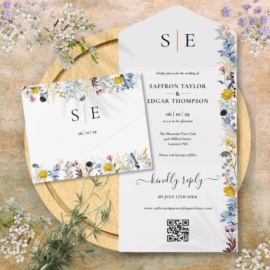 Invitation Tout En Un Jardin Floral QR Code Élégant Monogramme Mariage