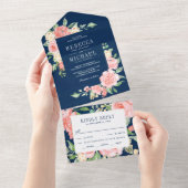 Invitation Tout En Un Jardin Floral rose pâle Rose bleu marine Mariage b