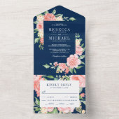 Invitation Tout En Un Jardin Floral rose pâle Rose bleu marine Mariage b