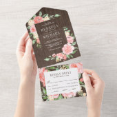Invitation Tout En Un Jardin Floral rose pâle Rose Mariage en bois rusti (Déchirure)