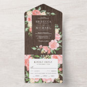 Invitation Tout En Un Jardin Floral rose pâle Rose Mariage en bois rusti (À l'intérieur)