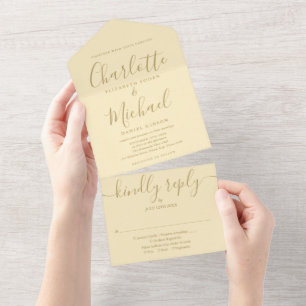 Invitation Tout En Un Jaune Bouton d'Or et Or Signature Script Mariage