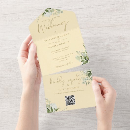 Invitation Tout En Un Jaune Bouton d'Or Monogramme Code QR Mariage (Déchirure)