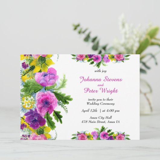 Invitation Tout en un, jaune, violet, fuchsia... un joyeux (Debout devant)