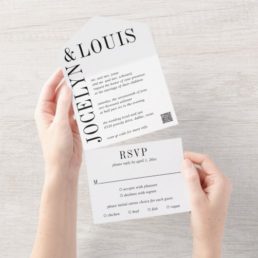 Invitation Tout En Un Jocelyn Mariage moderne noir et blanc (Déchirure)