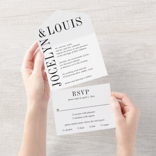 Invitation Tout En Un Jocelyn Mariage moderne noir et blanc (Déchirure)