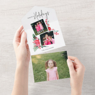 Invitation Tout En Un Joli Poinsettia rose & Holly 2-Photo