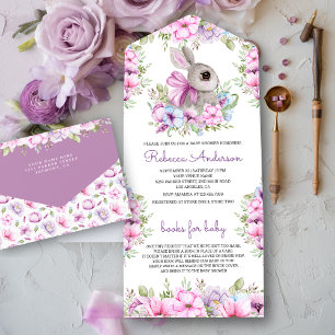 Invitation Tout En Un Jolie Baby Shower Lapin Floral Rose Violet