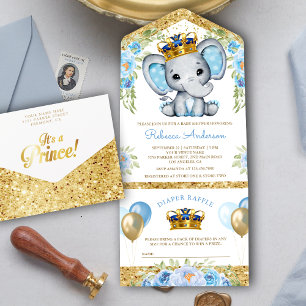 Invitation Tout En Un Jolie Baby Shower sur le thème de l'éléphant princ