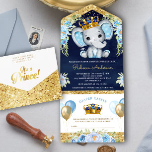 Invitation Tout En Un Jolie éléphant prince floral bleu marine Baby Show