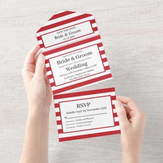 Invitation Tout En Un Jote Red White Stripes All in One Wedding Inviter (Déchirure)