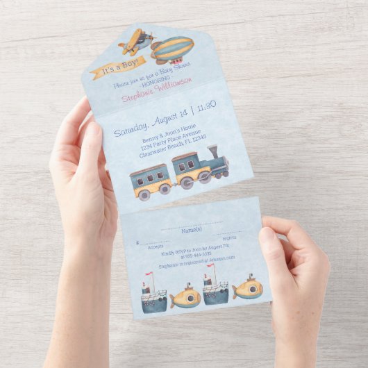 Invitation Tout En Un Jouets en bois de garçon Baby shower bleu (Déchirure)